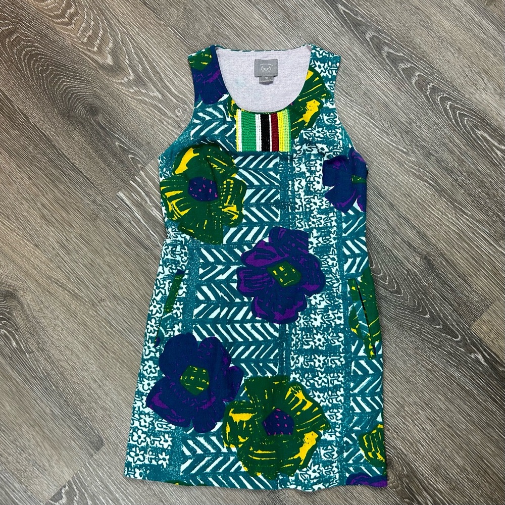 Anthropologie Vanessa Virginia Sleeveless Hibiscus Tropical Shift Dress Size 0